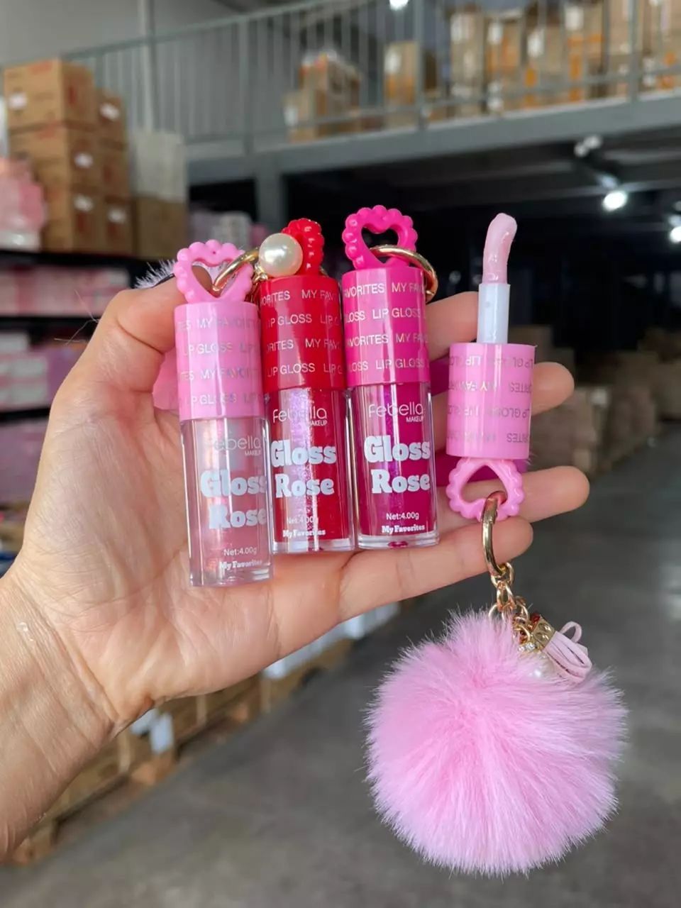 Gloss rose + chaveiro pompom - Febella